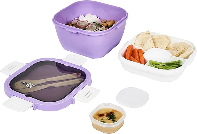 Restaurantware-Bento Tek 57.5 Ounce Bento Box, 1 Reusable Lunch Container - With Fork And Knife, Does Not Contain BPA, Purple And White Plastic Reusable Lunch Box, Microwavable, Dishwashable
