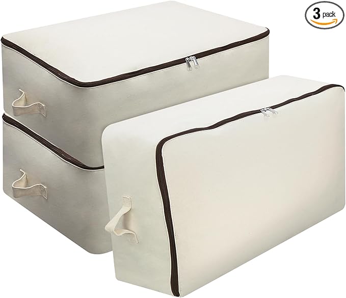Omygarden 3 Pack, Clothes Storage Bag Organizer and Storage for Quilts Clothes Organization Containers Bins with Sturdy Zipper for Sweaters, Beddings, Blanket, Blouses and More, Beige