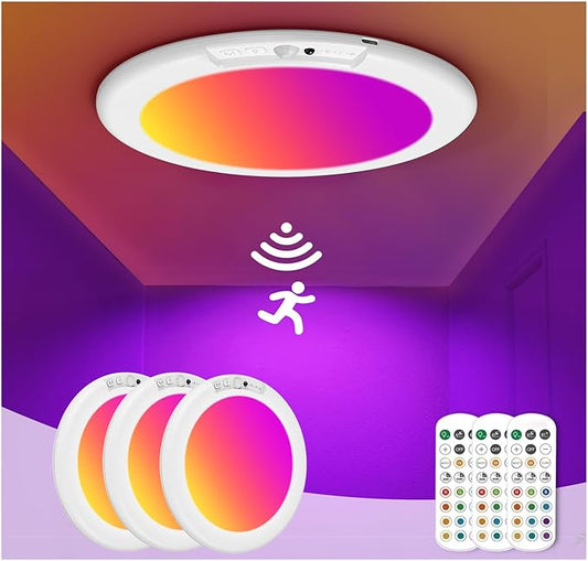 3 Pack Rechargeable Motion Sensor Ceiling Light with Remote, Wireless Battery Operated Closet Light with 13 Colors Changing, 0.55″ Magnetic Lights for Shower Bathroom Closet Hallway Pantry