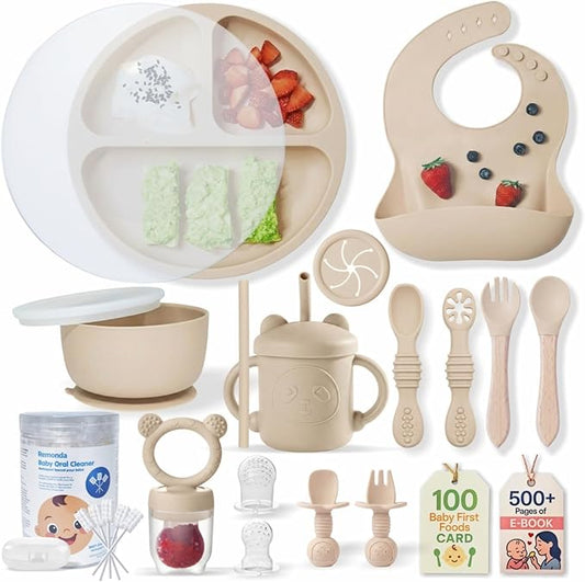 Remonda 23-Piece BPA-Free Silicone Baby Feeding Set | Extra Large Suction Plates, Toddler Bowls, Self Feeding Spoons, and More