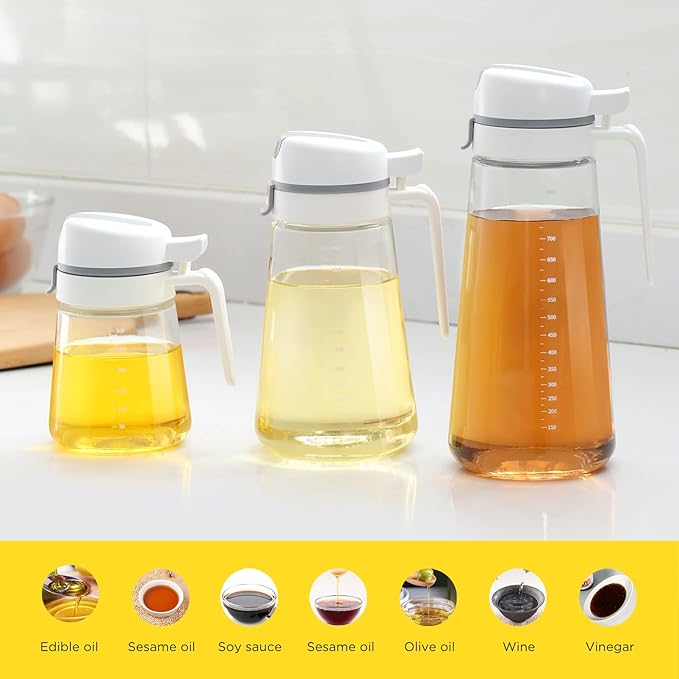 Auto Flip Glass Olive Oil Dispenser Bottle With Scale - Clear 29oz Kitchen Cruet Set of 2