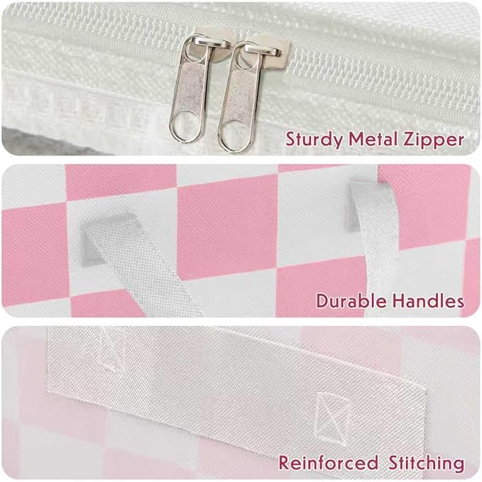 Pink Checkered Clothes Storage Bins, 100L Large Blanket Storage Bags 3 Pack
