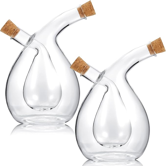 Suclain 2 Pcs Oil and Vinegar Dispenser, 2 in 1 Glass Olive Oil and Vinegar Cruet Dispenser Bottle, Olive Soy Sauce Dispenser Double Pourer Spout, Kitchen Cooking Container(Classic)