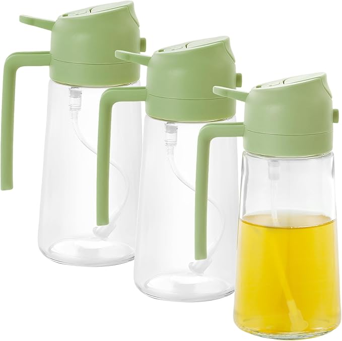 3PCS 2 in 1 Oil Dispenser and Sprayer,16oz/470ml Glass Olive Dispenser Bottle & Oil Spray Bottle,Oil Sprayer for Cooking,Kitchen,Salad,Barbecue,Air Fryer (Green)