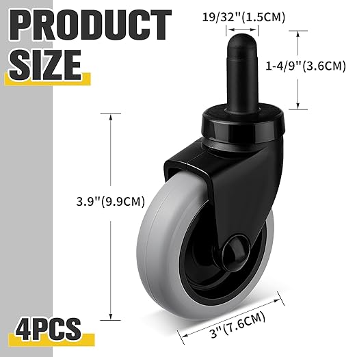 3" Mop Bucket Casters Replacement, Non-Marking TPR Castors with Grip Ring Stem, Thermoplastic Rubber Caster Set of 4 FITS