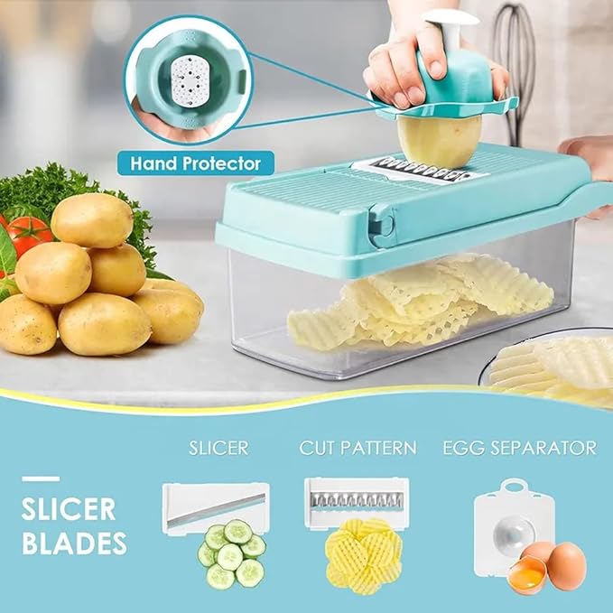 Bohai Food Chopper Vegetable-Fruit-Cheese-Onion Dicer Tomato Cutter Grater 12 in 1 Veggie Spiralizer Salad Potato Slicer with Container Multi-function Kitchen Aid Carrot Light Blue