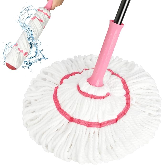 Self-Wringing Twist Mop for Floor Cleaning, 57” Long Handle Heavy Duty Microfiber Mop for Wet Mopping on Tile, Hardwood, Kitchen, Bathroom, Patio, Garage, Commercial Household Clean (Pink)