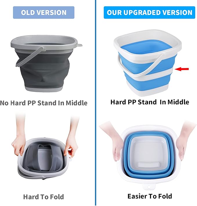 2 Pack Collapsible Buckets 5L 1.3Gallon Small Cleaning Bucket for Household Portable Plastic Bucket Outdoor Car Washing Tub Foldable Camping Beach Sand Water Pot Pail Space Saving Square Grey and Blue