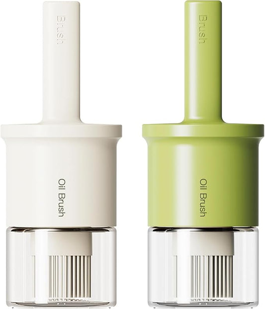 YARRAMATE 2pcs 300ml / 10oz Oil Dispenser with Brush - Glass Oil Dispenser for Kitchen with Silicone Heat Resistant Brush for Oil and Sauce Cooking BBQ Grill Frying - White&Green