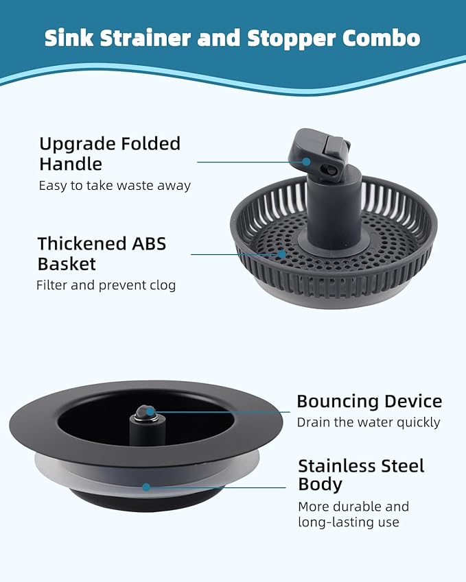 Universal 3 in 1 Kitchen Sink Drain Strainer Stopper Combo, Black Stainless Steel Shell Pop Up Sink Stopper for US Standard 3-1/2 inch Drain Filter