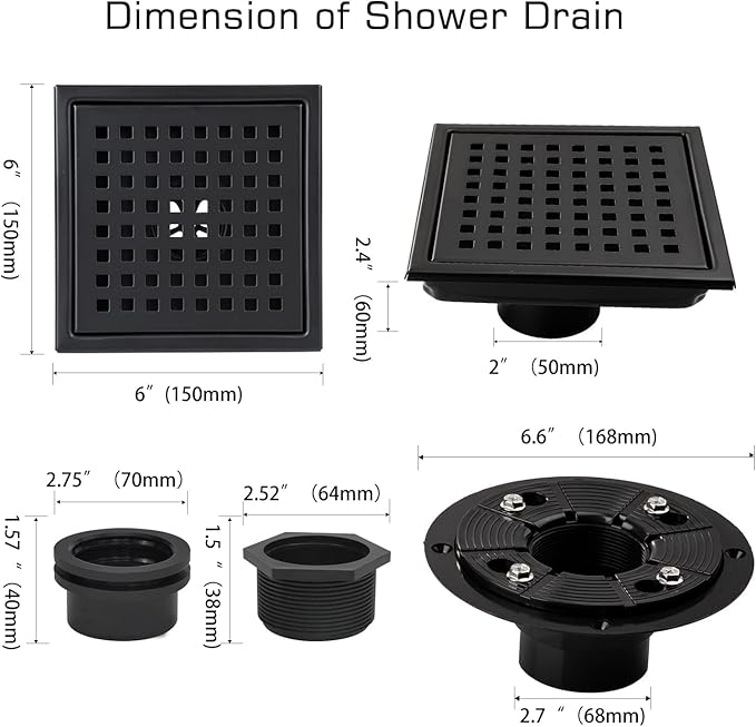 Square Shower Drain, Black Shower Drain 6 inch with Flange and Removeable Grate Cover