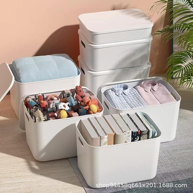 4 Piece Plastic Storage Baskets Boxes with Lids,11.8x8x9.8 Inch Stackable Organizing Bins with Handles,White Versatile Containers for Pantry,Bathroom,Closet Shelves Desktop (White, 4XL)