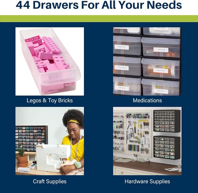 Akro-Mils 44-Drawer Plastic Drawer Storage Cabinet for Garage Organization, Bead Organizer, Building Bricks Storage, Teacher Toolbox, Makeup Organizer, 20-Inch W x 6-Inch D x 16-Inch H, 10144 Red