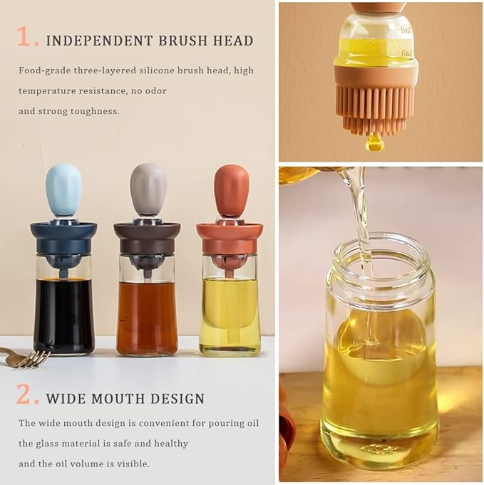 Glass Olive Oil Dispenser with Brush, 2 In 1 Silicone Dropper Measuring Oil Dispenser Bottle for Kitchen Cooking, Frying, Baking, BBQ Pancake, Air Fryer, Marinating (Blue)