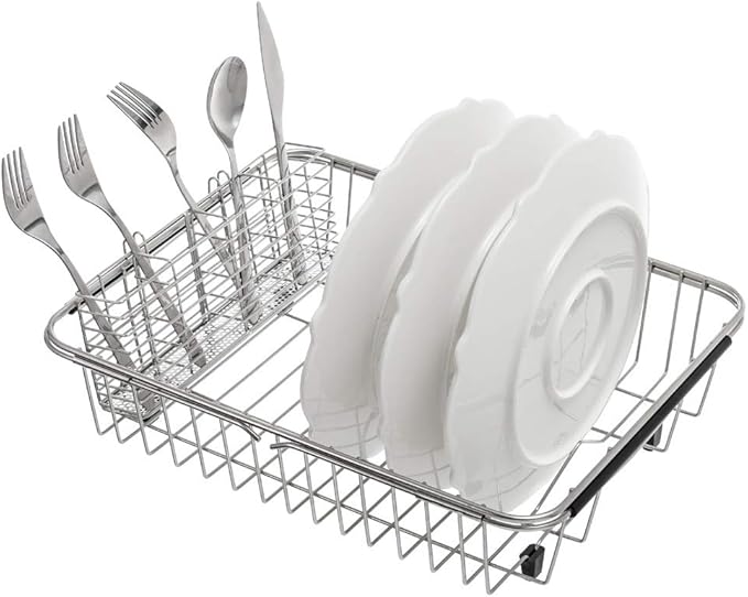 SANNO Expandable Dish Drying Rack,Large Dish Drainer Drainwith 4 Division Utensil Silverware Cutlery Holder, Expandable Dish Rack Shelf Dish Rack in Sink or Over Sink On Counter Stainless Steel