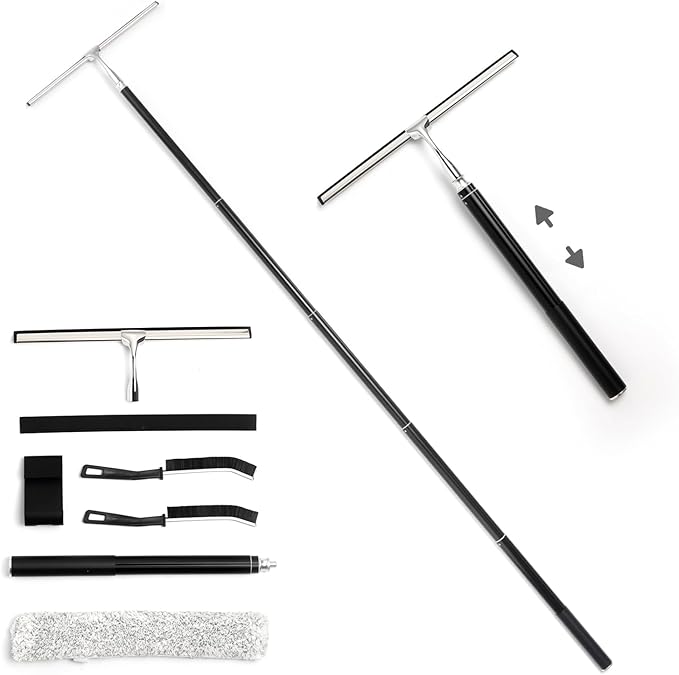 16.7“- 59.5" Long Handle Window Squeegee with Extension Pole, 12.4" Wide Metal Shower Squeegee for Glass Doors