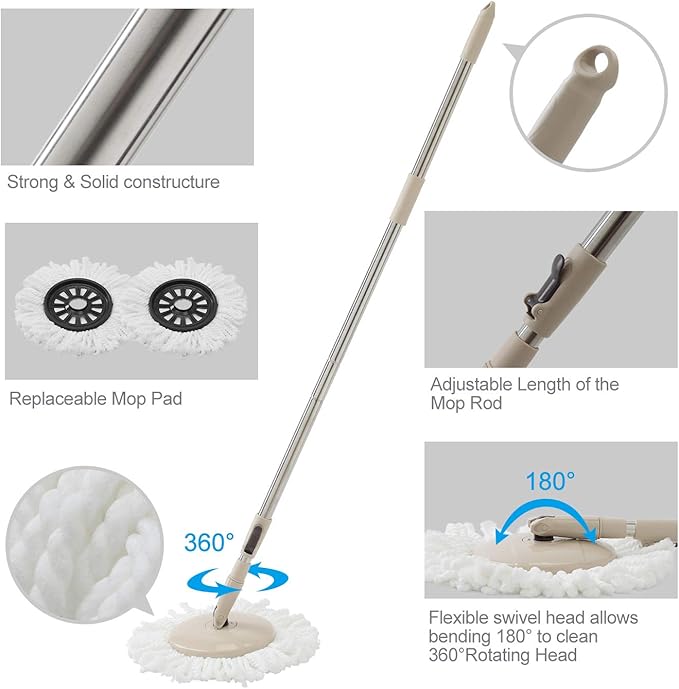 Eyliden Spin Mop and Bucket Set, 2 Microfiber Mop Heads, Adjustable Stainless Steel Handle, Self-Cleaning Mop Bucket System for Hardwood, Tile, Vinyl Floors, Brown