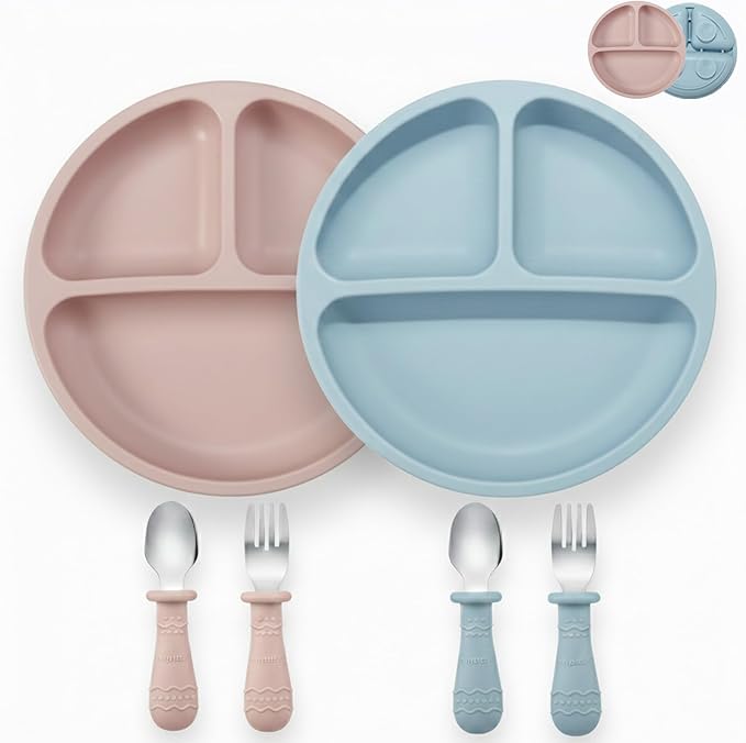 PandaEar Baby Feeding Set| 2 Pack Silicone Divided Suction Plate, 2 Set Toddler Spoons & Forks| Baby Led Weaning Supplies Self Feeding Eating Utensils (Blue & Pink)