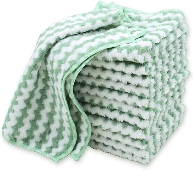 12PACK Soft Dish Cloths, Microfiber Cleaning Cloths: All-Purpose Washing/Lint Free/Absorbent/Quick Dry Reusable Washable Towels for Kitchen/Bathroom/Car/Glass, 10''x10'' (Green)