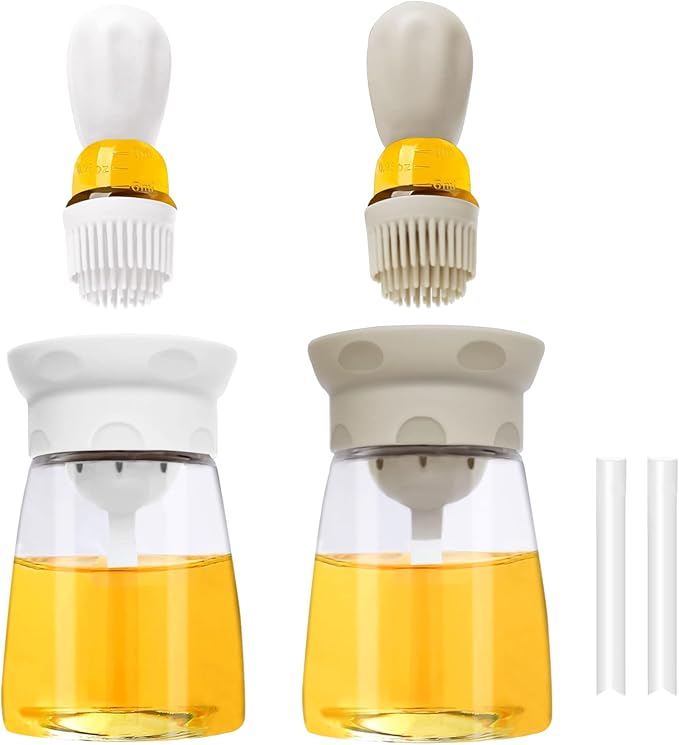 TINMIX Oil Dispenser with Brush - 2 Pack 2022 Glass Olive Oil Dispenser Bottle for Kitchen with Silicone Basting Brush BBQ Grilling Baking Cooking, T-OB22, Grey+White