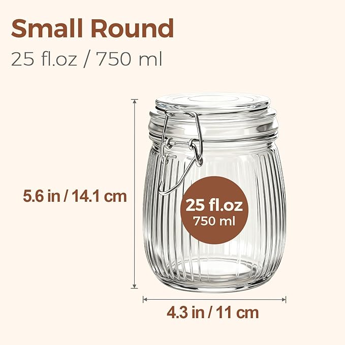ComSaf 25oz Fluted Glass Mason Jars - Set of 6 Vintage Canisters with Airtight Lids for Sourdough Starter, Pickling, Coffee & Pantry Organization