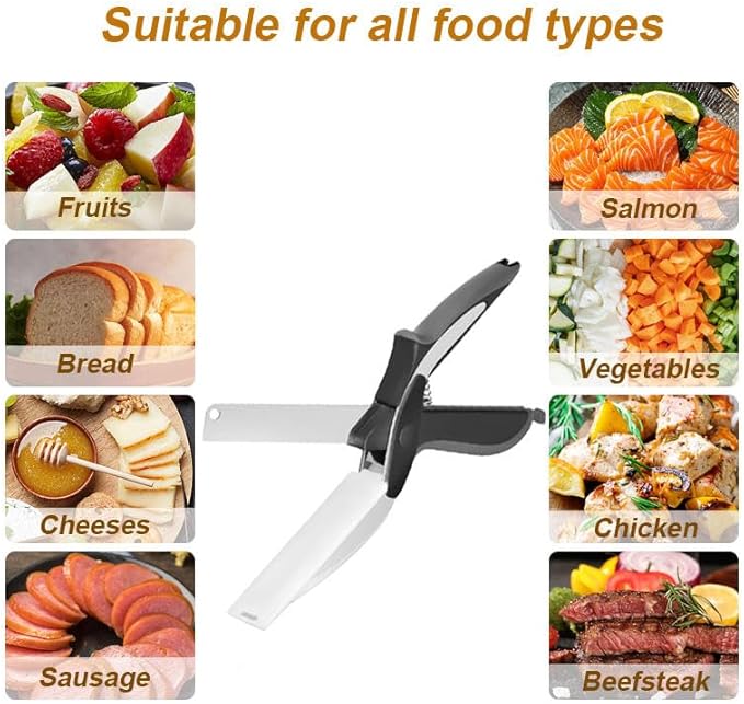 Professional 2-in-1 Kitchen Smart Cutter – Stainless Steel Vegetable Scissors & Food Chopper with Built-in Cutting Board – Multi-Function Slicer for Fruits, Veggies, Cheese, and Meat