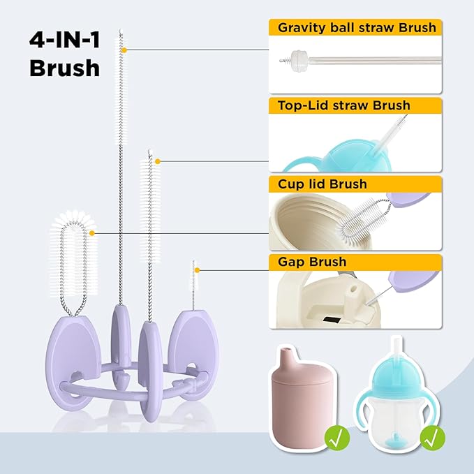 Baby Straw Brush Set, 4 Piece Cleaner Kit with Standable Key Ring for Sippy Cups, Weighted Straw Cups & Baby Bottles – Designed for 0–24 Months
