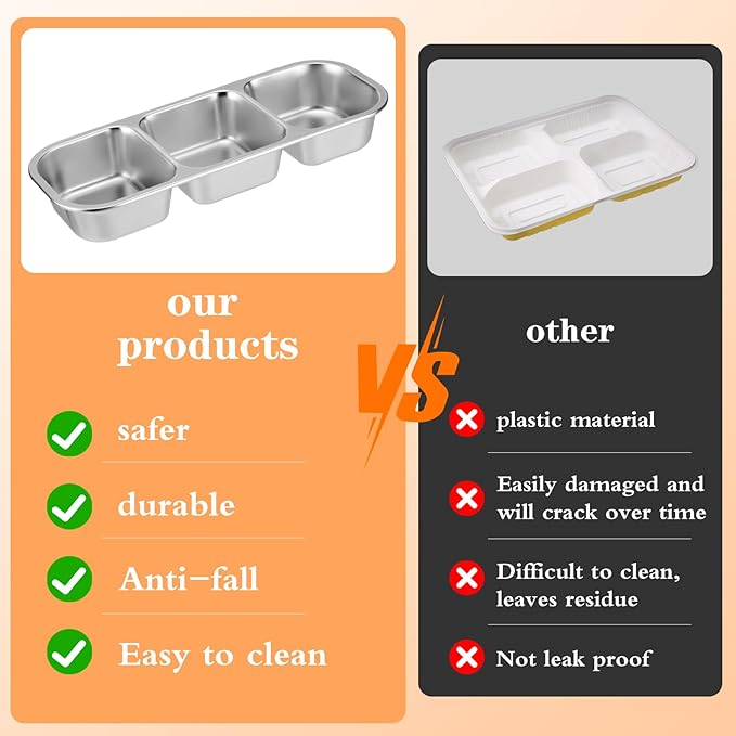 VZZNN 10 Pack Stainless Steel Snack Containers with Lids - 3 Compartments Reusable Metal Bento Boxes Divided Food Storage Containers For School,Office Home And Travel Stackable Lunch Boxes