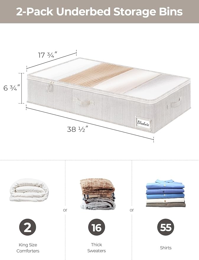 StorageWorks Extra Large Under Bed Storage Containers with Handles and Label Holder, 2 Pack Ultra-thick Fabric Underbed Bins
