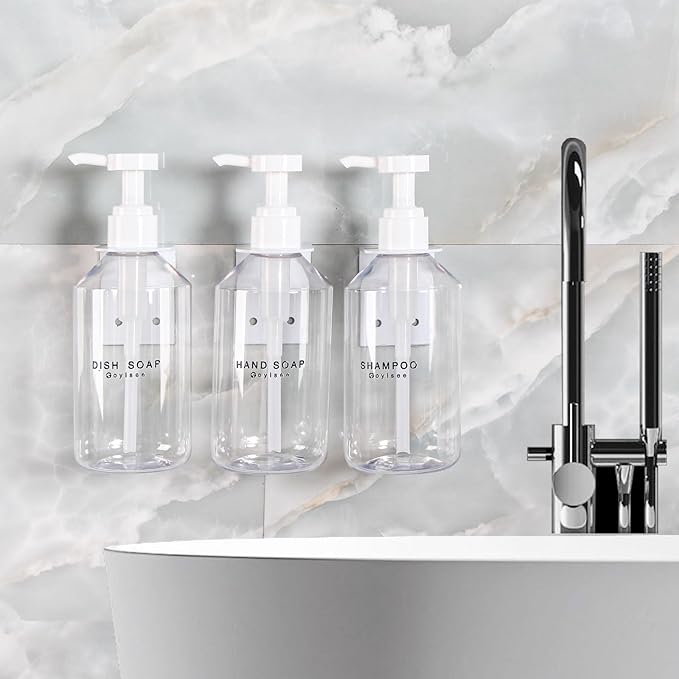 3-Chamber Shampoo & Conditioner Dispenser - Wall-Mounted Soap Dispenser Plastic Bottles with 4CC Pumps, No Drill Installation, Refillable for Bathroom, RV, Commercial Use Clear