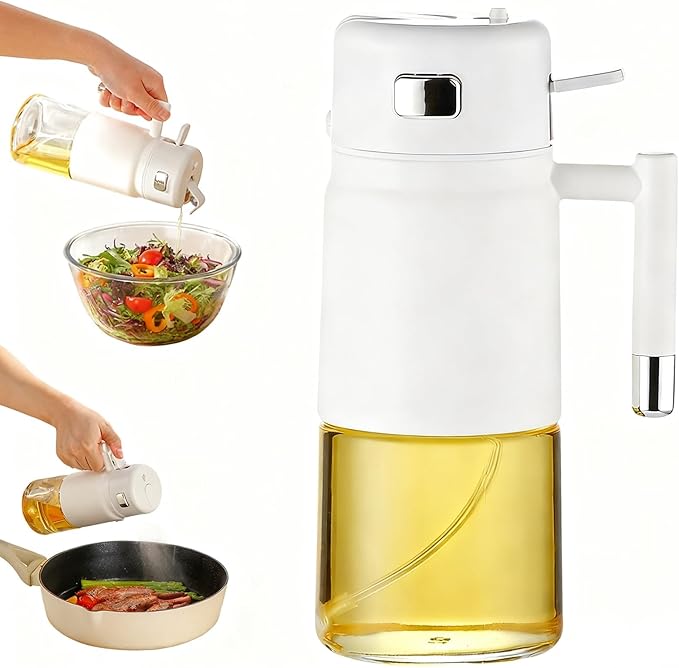 2-in-1 Glass Oil Sprayer & Dispenser Bottle, 700ml Kitchen Oil Mister with Non-Drip Spout & Lock Switch for Olive Oil, Cooking Spray, Baking, Salad Dressing