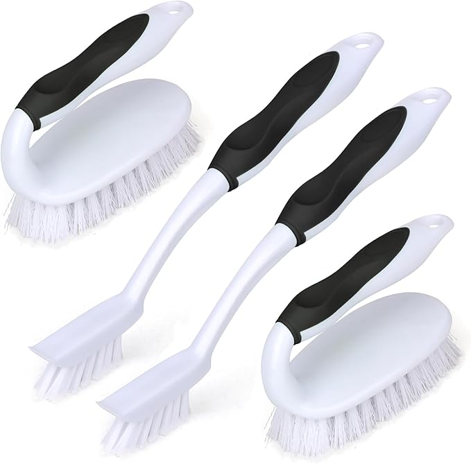 Scrub Brush Set, 4 Pack Deep Cleaning Brush Kit - 2 Scrub Brush, 2 Tile & Grout Brush with Built-in Scraper, Household Commercial Scrubber for Floor, Shower, Pool Wall, Tub (Black)