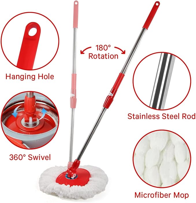 Spin Mop and Bucket with Wringer Set, 360° Spinning Mop and Bucket System with Double Cotton Tip Replacement Heads and Stainless Steel Adjustable Handle for Floor Cleaning (20QT)