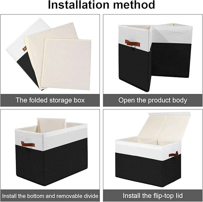 Gowee Large Toy Storage Box with Lid, Sturdy Toys Storage Chest Bin Organizer Basket with Dividers for Kids, Boys, Girls, Nursery, Closet, Bedroom, Playroom 25"x13" x16" (Black and White)