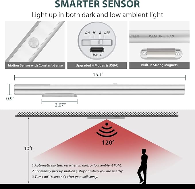 BLS 48 LED Closet Lights, Motion Sensor Light Indoor, 4500mah Build-in Large Rechargeable Battery, Wireless Under Cabinet Lighting for Kitchen/Pantry/Wardrobe/Wall, 4000K Neutral White (2 Pack)