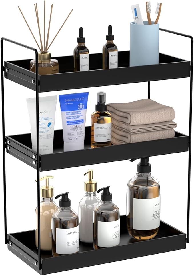 Bathroom Countertop Organizer, 3 Tier Metal Vanity Counter Skincare Shelf, Matte Black Under Sink Standing Rack With Acrylic Tray, Home Storage Holder For Lotion Makeup Cosmetics Perfume Spice