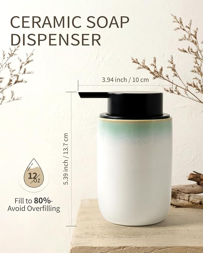 BosilunLife Hand Soap Dispenser - Foam Soap Dispenser Bathroom Ceramic Dish Liquid Soap Dispenser for Kitchen, Bathroom Countertop Soap Dispensers (White with Blue-Green Rim Liquid Pump)