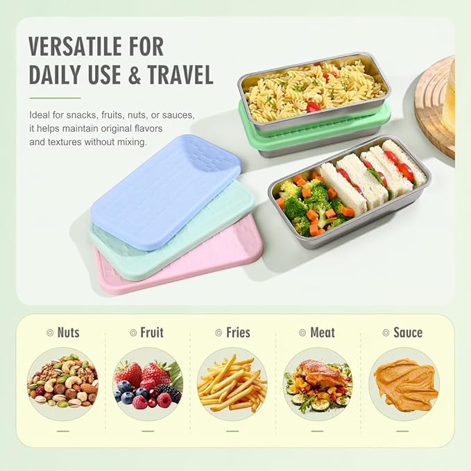 4 Pack Stainless Steel Snack Containers, Leak-Proof 2 Compartment Lunch Boxes with Silicone Lids, Reusable Metal Snack Box for Meal Prep, Travel, Outdoor & Daily Use (1 Compartment – B)