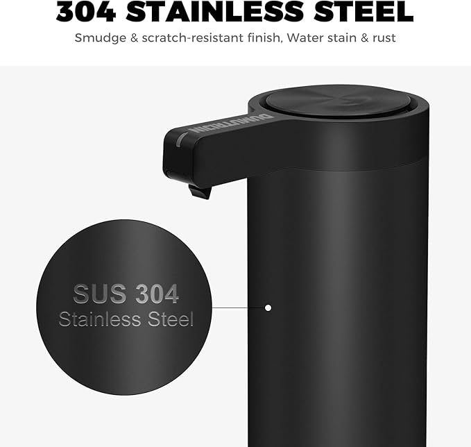 Touchless Automatic Soap Dispenser Wall Mount Stainless Steel with Sensor Infrared 9 oz Electric IPX5 Waterproof USB-C Charging Motion Sensor for Kitchen & Bathroom (Black)