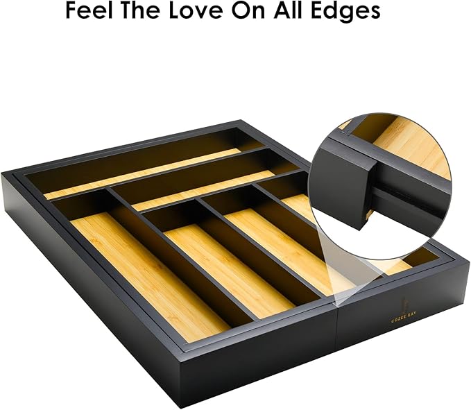 Cozee Bay Bamboo drawer organizer, utensil holder, silverware organizer, and adjustable cutlery tray with drawer dividers, for kitchen, office desk, and bathroom storage (Black)