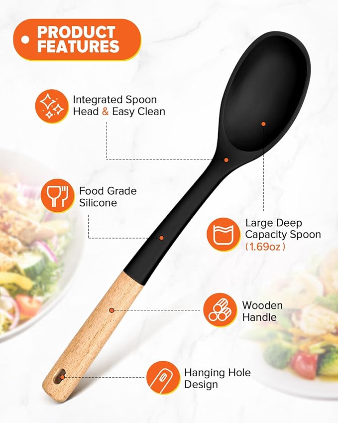Silicone Cooking Spoons, Great for Scooping Sides and Serving Hearty Stews, BPA-Free Matte Silicone, Wooden Handle Serving Spoon for Nonstick Cooking Surfaces (Black)