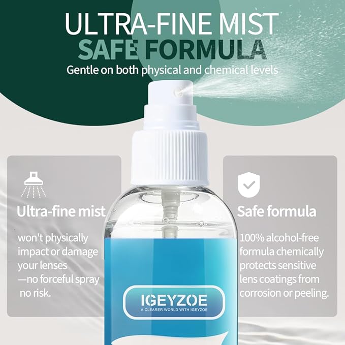 Eyeglass Lens Cleaner Spray Kit - (2x2oz) Glasses Cleaner Bottle + (4X) Microfiber Cloth 6.9"×5.7", Alcohol Free Eyeglasses, Screen