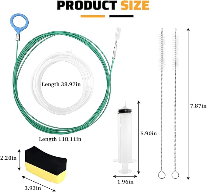 Car Sunroof Drain Cleaning Tool, 118 Inch Flexible Long Drain Brush Pipe Cleaners with Straight Brush Syringe & Sponge