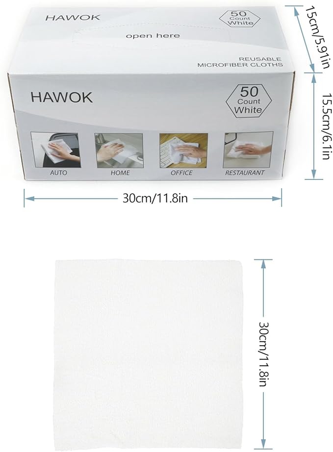 HAWOK Microfiber Cleaning Cloths, 11.8 x 11.8 inches, 50 Pack, Glass Car Window Dish Cloths, Reusable and Machine Washable, Lint-Free, White
