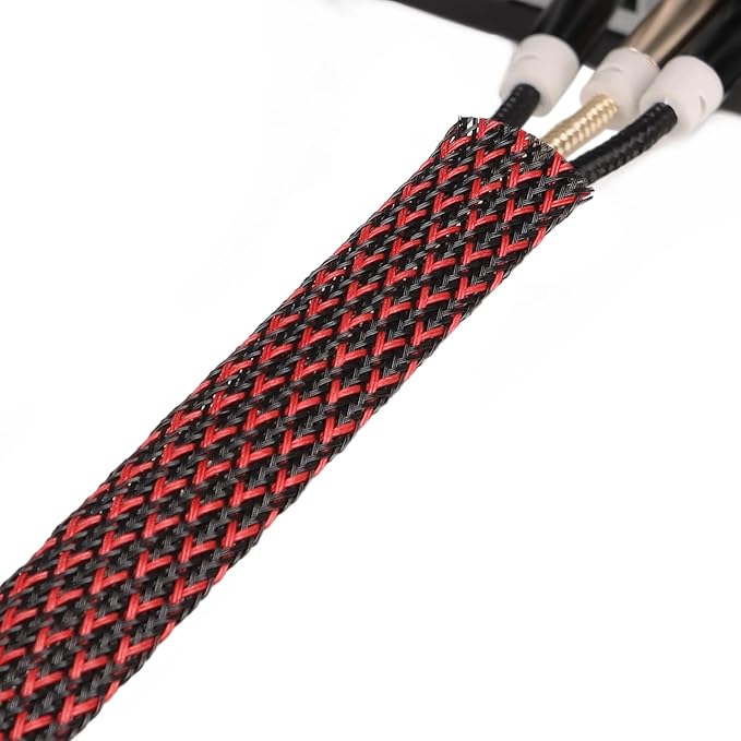 25ft PET Expandable Braided Cable Sleeve 1/2inch(12mm) Pet Braided Cable Sleeve for Audio Video Device Wire Automotive Wire (Black Red)