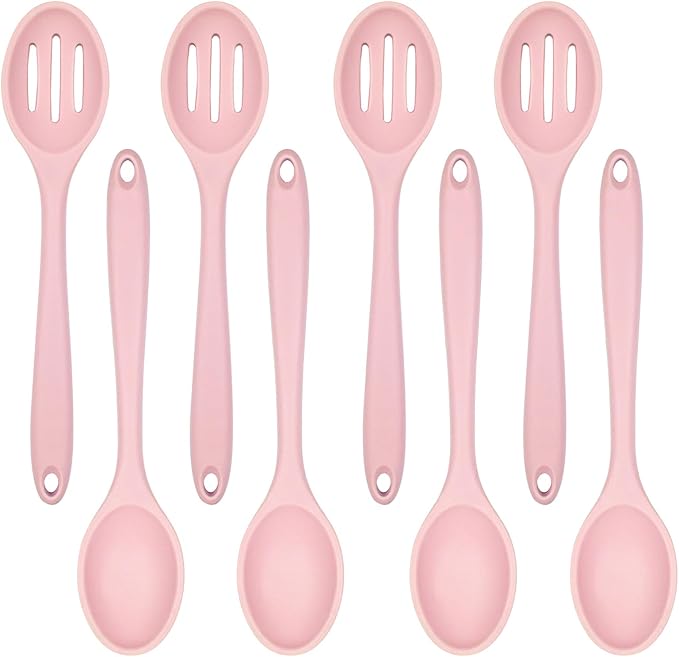 ELANE 8 Pcs Silicone Cooking Spoons Set,Mixing Spoons for Cooking Spoons for Nonstick Cookware Silicone Serving Spoons,Mixing Spoons for Cooking (Pink)