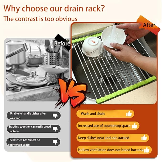 JAYWAYNE Roll Up Dish Drying Rack -17.5" x 14" – Large Stainless Steel Dish Drainer Over The Sink for Kitchen Countertop – Multifunctional Storage Rack,Suitable for Kitchen, Outdoor Picnic