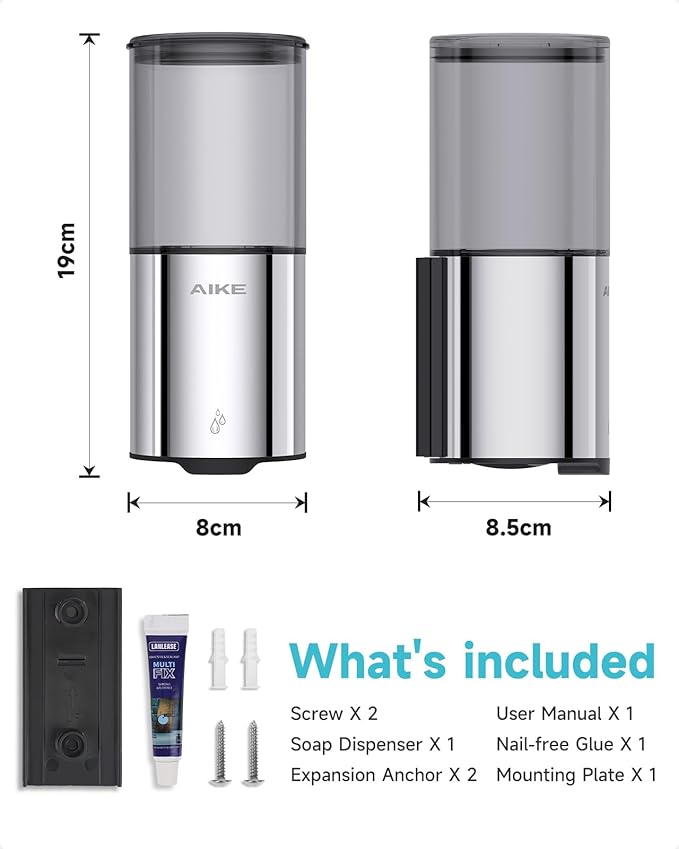 AIKE Automatic Wall Mount Liquid Soap Dispenser for Home and Commercial Bathroom 13.5oz IPX7 Waterproof,Polished Stainless Steel