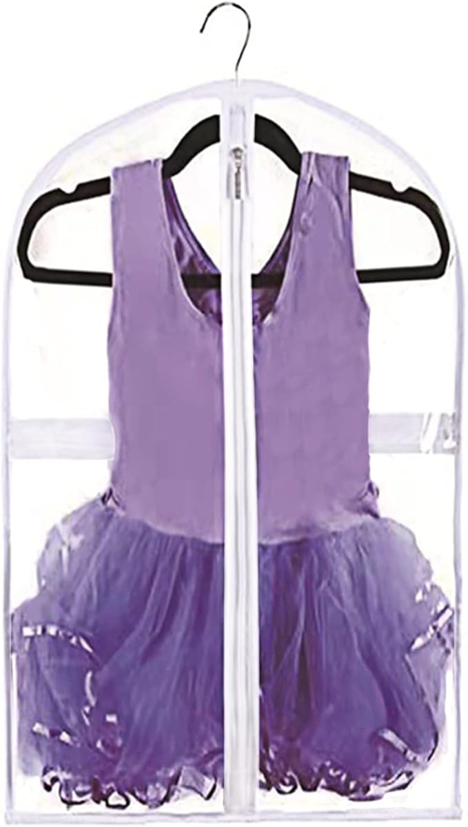 WJWSKI Clear Kids Dance Garment Bag for Hanging Clothes,35 Inch Waterproof PVC Travel Garment Bag with 3 Pockets for Dance Costumes,Sports,Skating,Theatre,Beauty Pageants & More