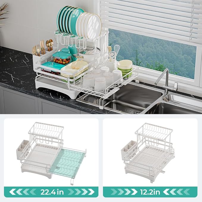 2 Tier Large Dish Drying Rack - Extendable Dish Rack, 2-in-1 Anti-Rust Stainless Steel Dishrack for Kitchen Counter and Sink, Dish Strainer with Utensil Holder & Cup Holder(White)